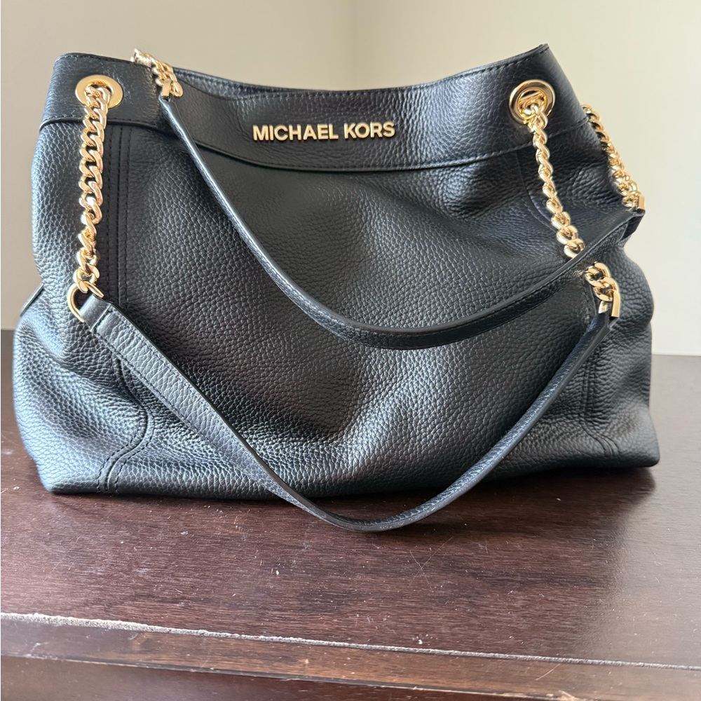 Michael Kors Black Pebbled Leather Shoulder Bag with Gold Chain Accents